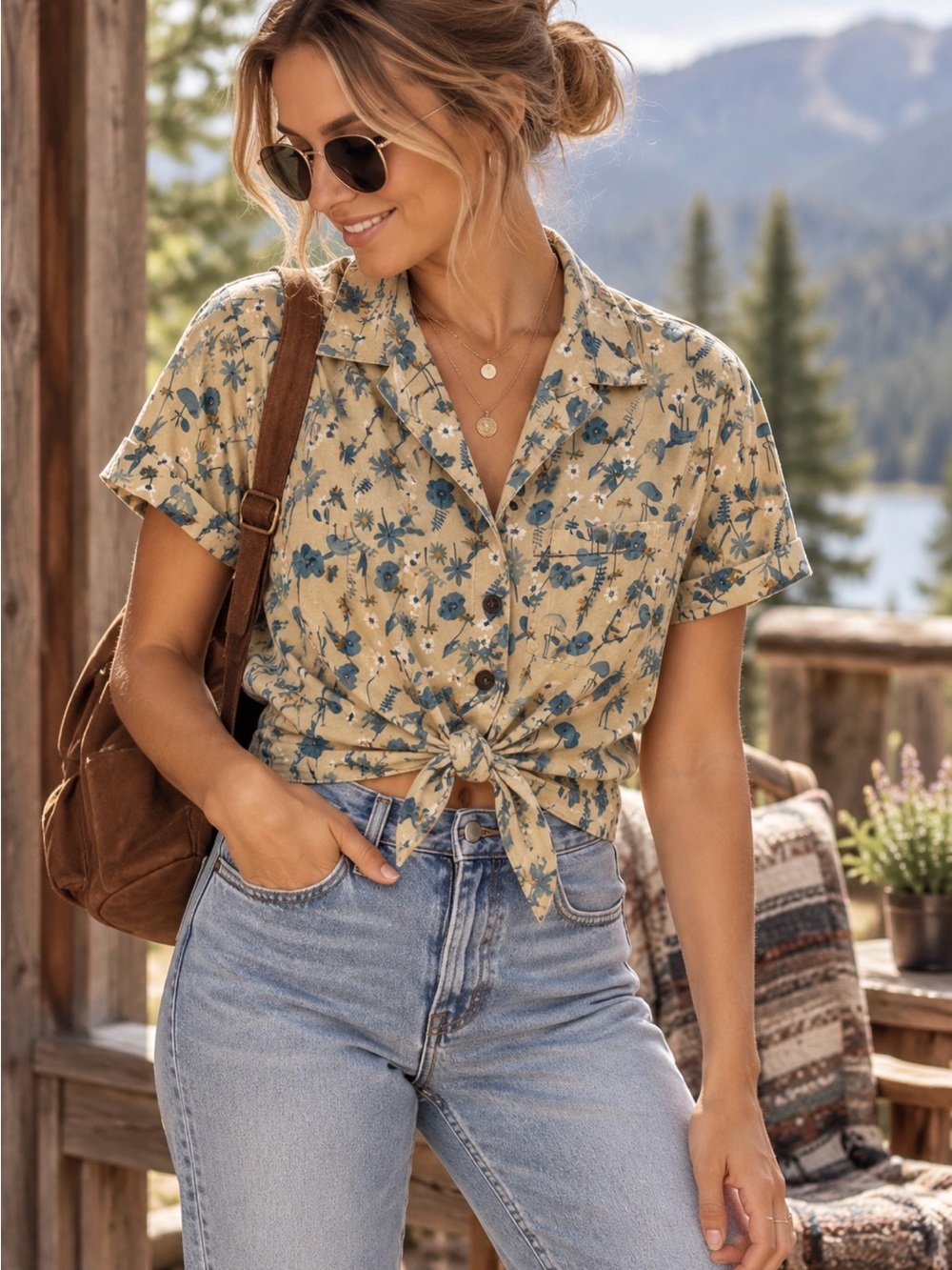 KÜHL Botanical Mushroom Floral Button Down Shirt Tan Blue